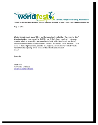 WorldFest:
"What a fantastic magic show!"